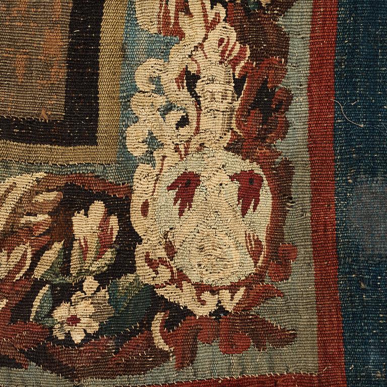 A TAPESTRY, tapestry weave, ca 299,5 x 212,5 cm, signed FOVRUIERES, 
DELANRIEVE.M.R.DABUSSON, Aubusson 17th century.