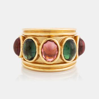 483. An 18K gold Temple St Clair ring set with cabochon-cut tourmalines.