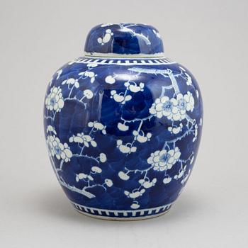 A blue and white jar with cover, China, early 20th Century, with Kangxi mark.