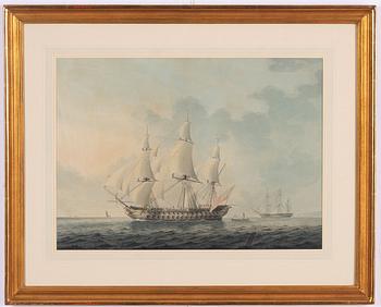 H Evans, 17th/18th century, English line ship off the coast.