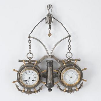 VÄGGUR/BAROMETER, metall och mässing, F.W Tornberg, Stockholm, omkr sekelskiftet 1900.
