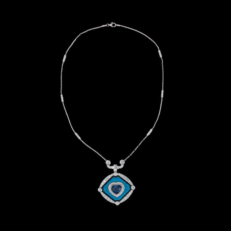 A blue sapphire, 5.15 cts, turqouise and brilliant cut diamond necklace, tot. 5.80 cts.