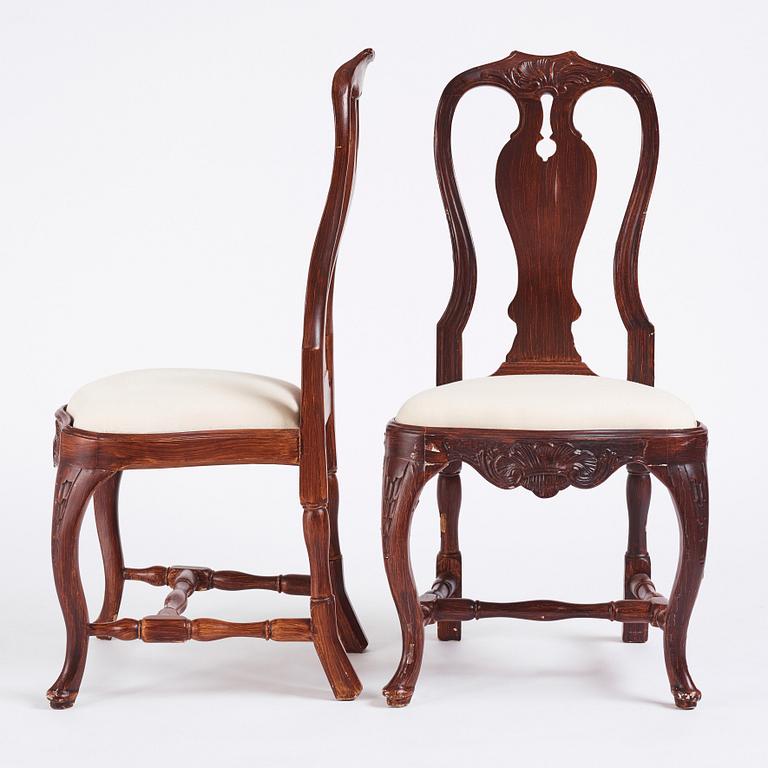 A set of eight matched (2+6) Swedish Rococo chairs, Stockholm, second part of the 18th century.