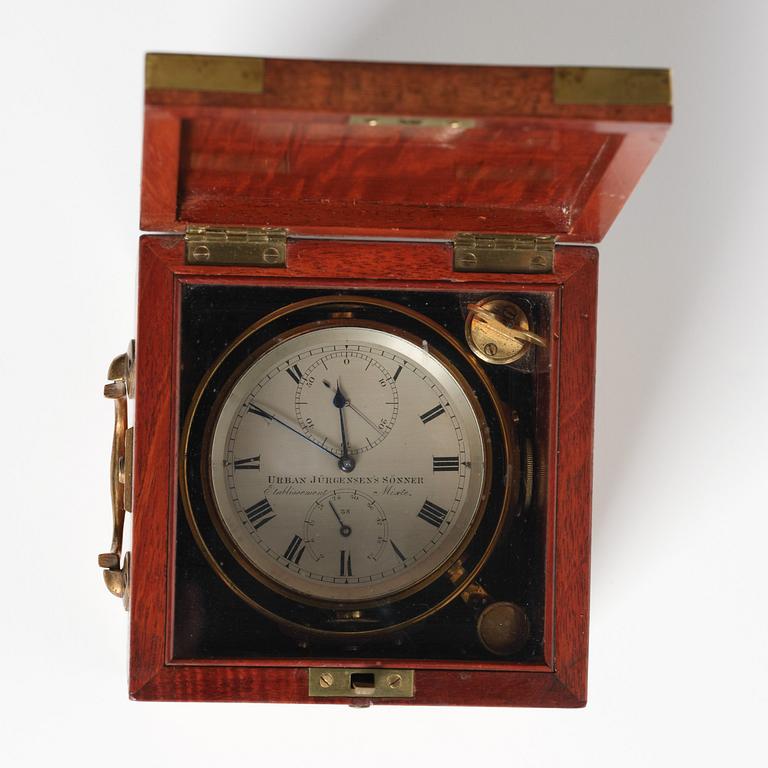 Urban Jürgensen & Sønner, a mid 19th century two-day brass bound mahogany marine chronometer, no. 38.