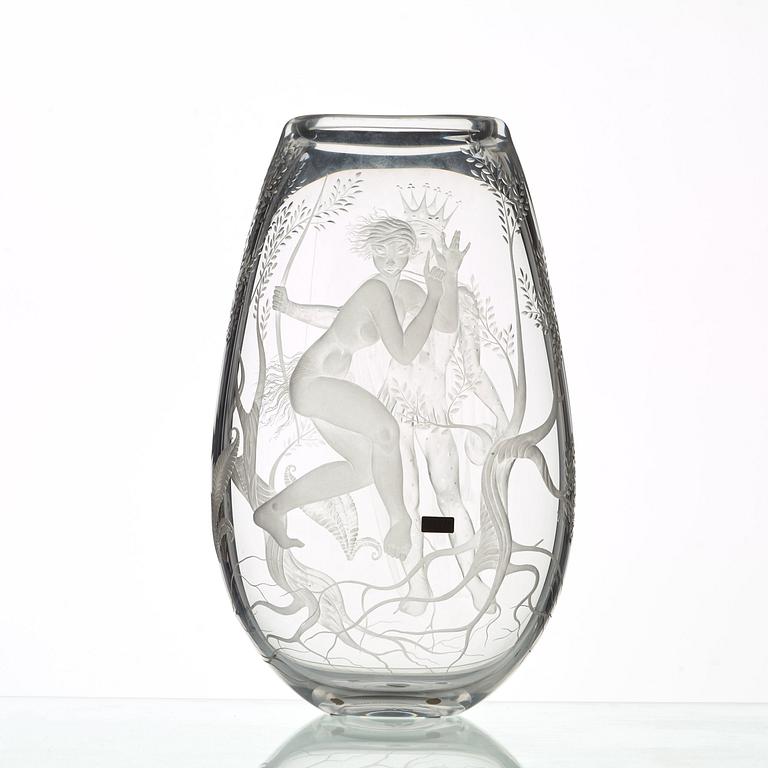 Vicke Lindstrand, an engraved glass vase ''Midsummer night's dream', Kosta, Sweden 1987.