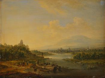 Christian Georg Schütz, Pastorala flodlandskap med figurer och båter, ett par.