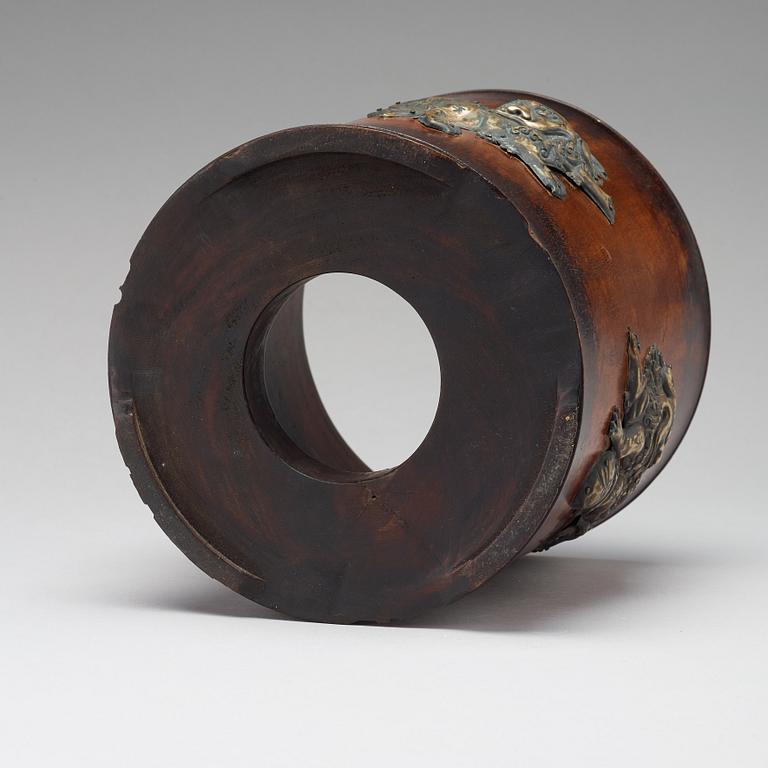 A wooden scroll/brush pot, late Qing dynasty.