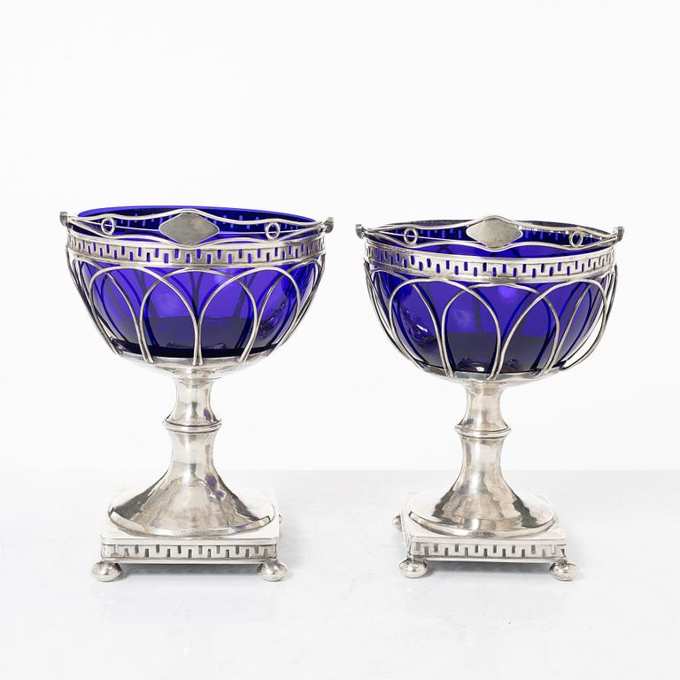 Fredrik Nymansson, a pair of confectionery bowls in silver and blue glass, Kristinehamn, Sweden, 1817.