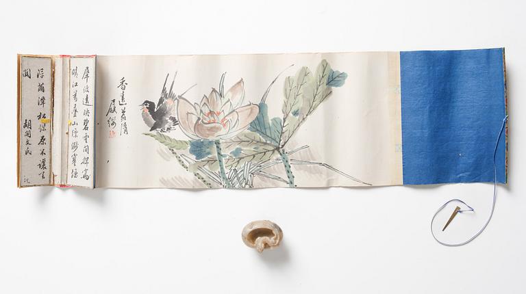 A Soapstone brush washer, a presentation box for Hu Kaiwen brand, with a painting by Lushu, late Qing dynasty, 1900.