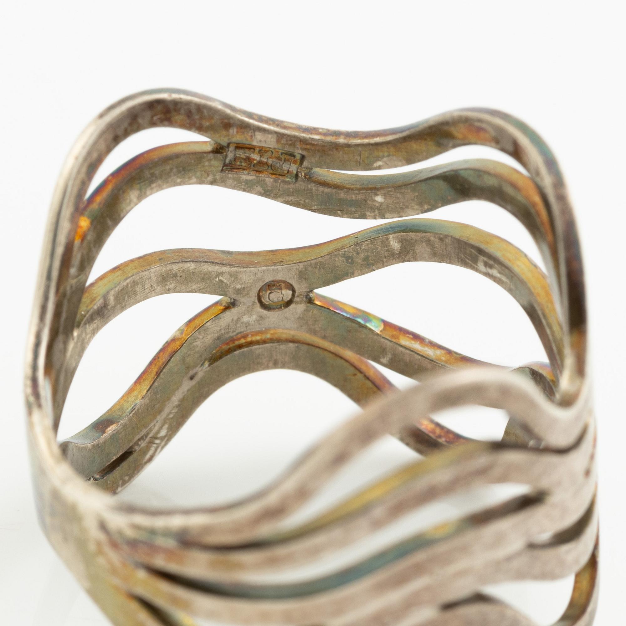 Four rings, silver and including carnelian, among others Cecilia Johansson, Gothenburg 1968.