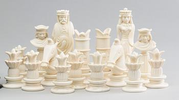 CHESS PIECES in alabaster, 32 parts. Italy, 1970s.