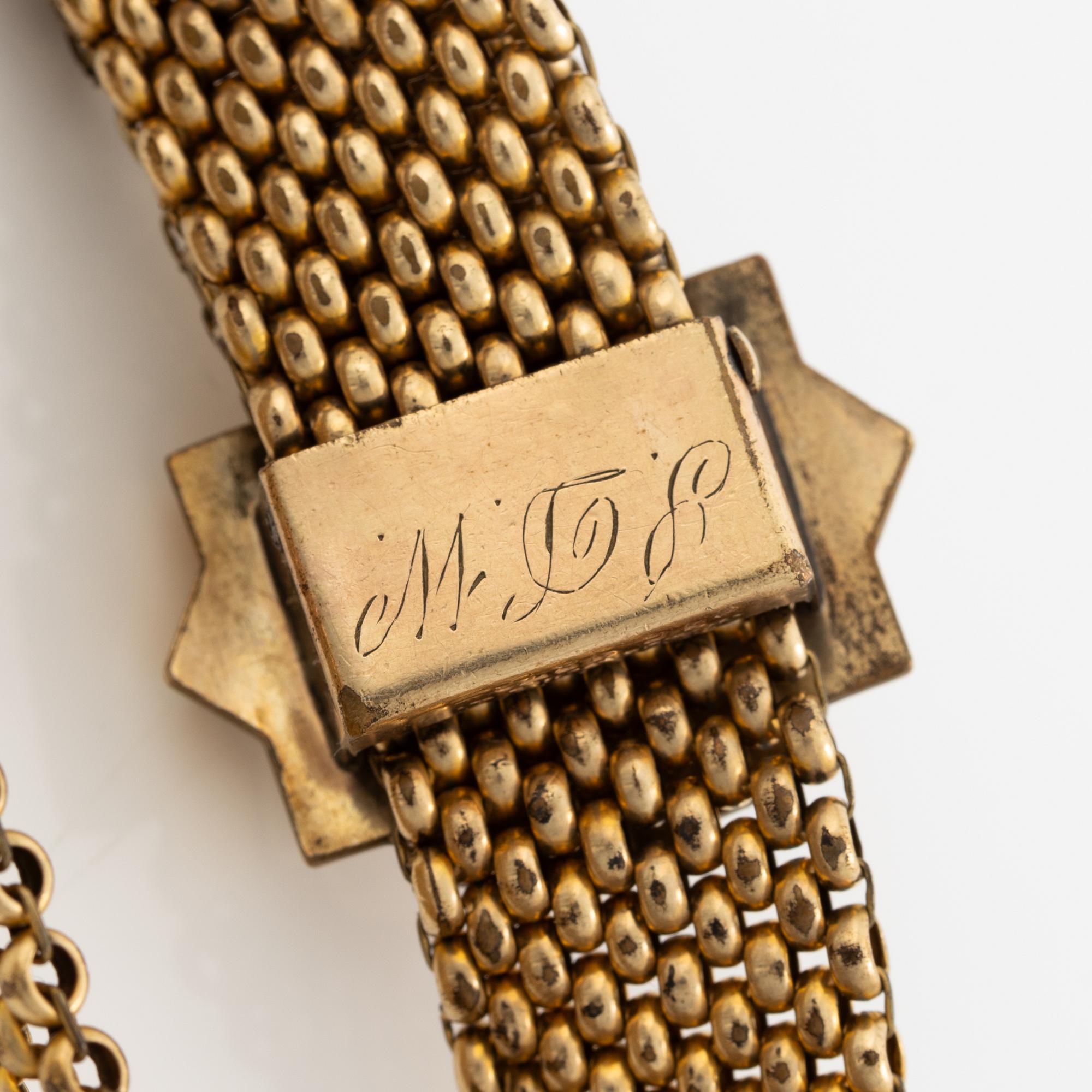 Bracelet and pendant/brooch, gilded possibly silver, with pearls 19th century.