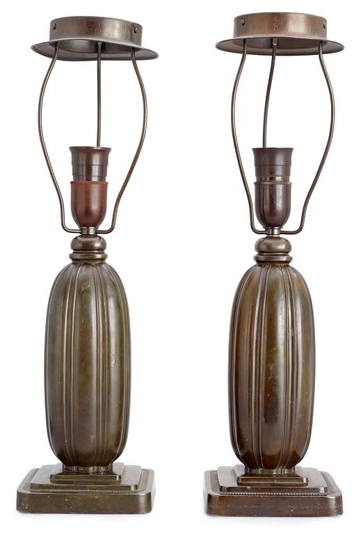 Two Just Andersen patinated metal table lamps, Denmark 1920's-30's.