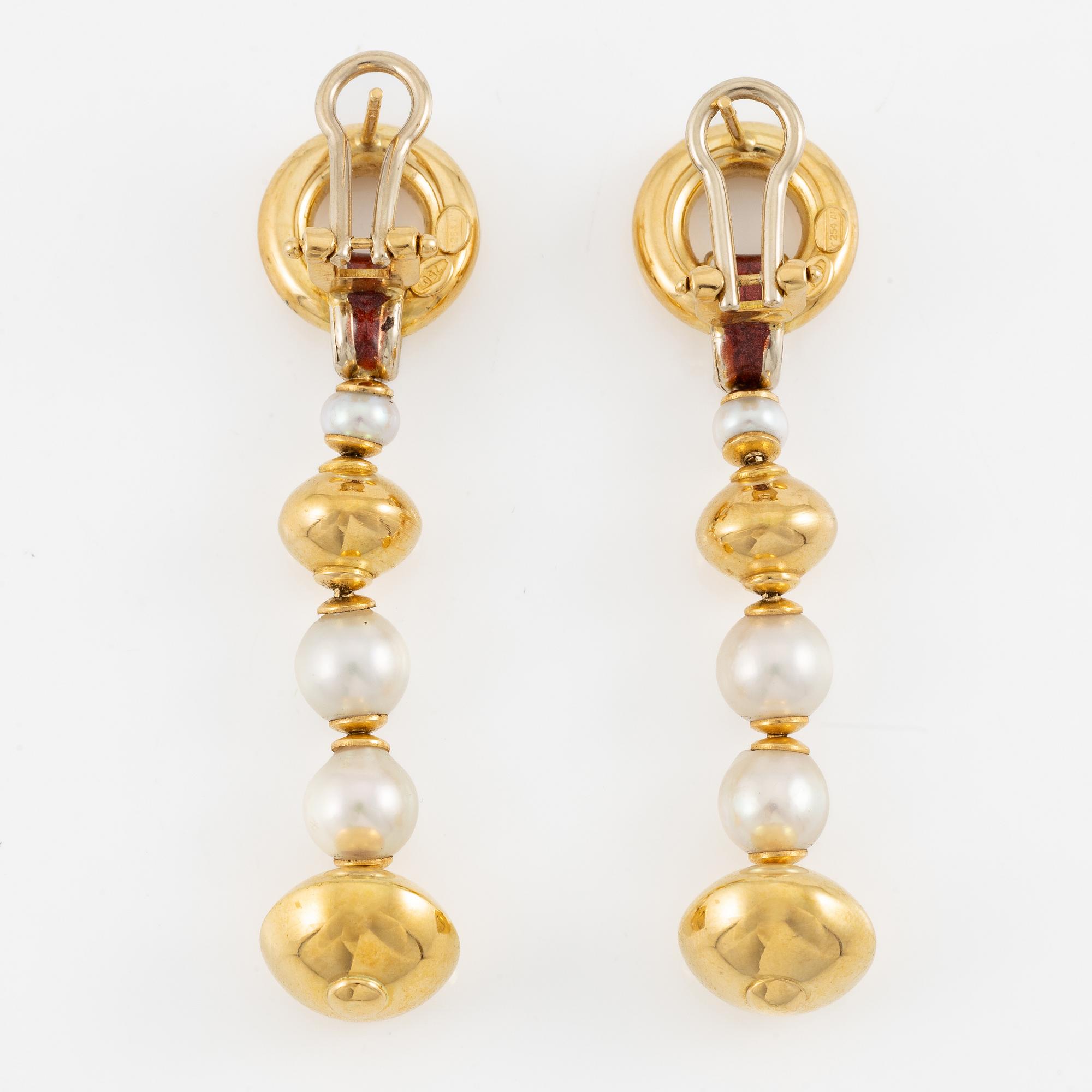 Earrings, a pair, 18K gold, enamel and cultured pearls, Italy.