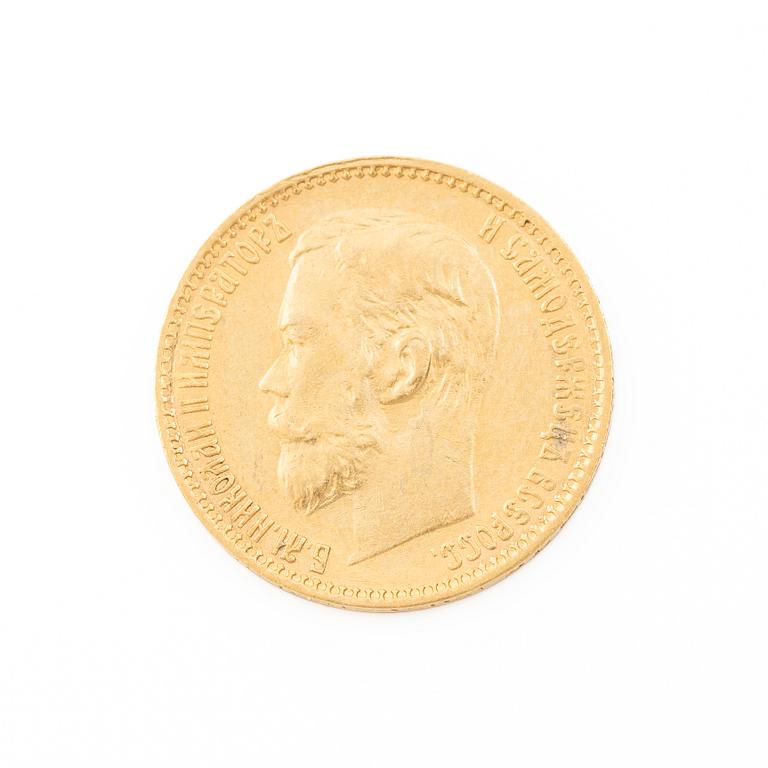 Gold coin, Nicholas II, Russia, 5 Rubles, 1899.