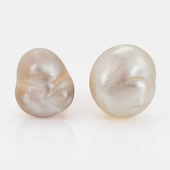 1109. A pair of 18K gold earrings set with baroque pearls.