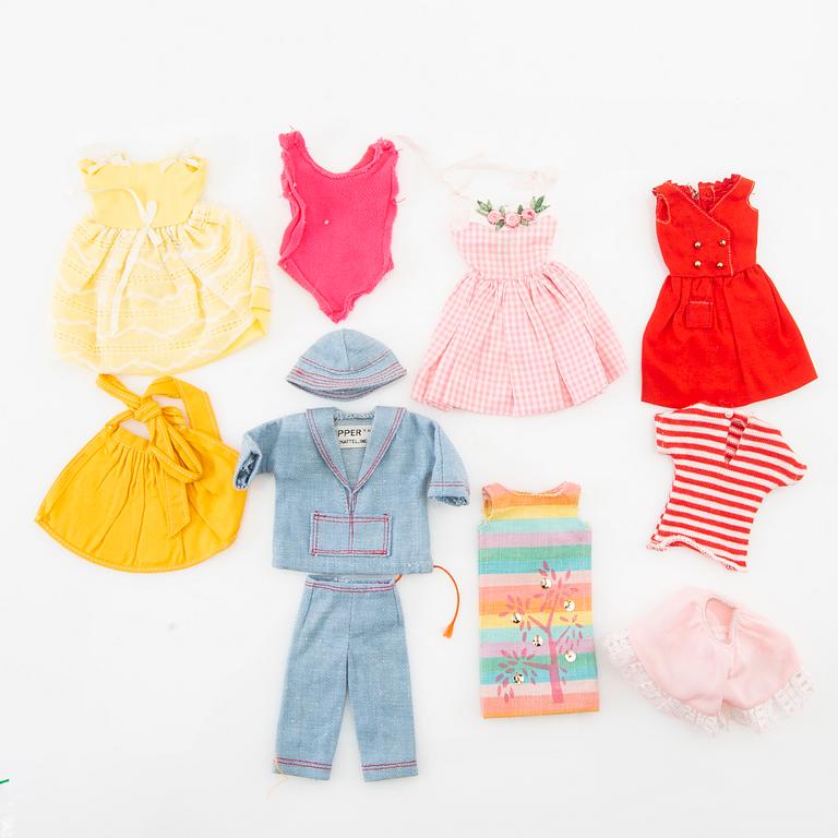 Barbie, Allan, Midge and Skipper dolls 4 pcs. and various clothes and accessories, vintage, Mattel 1960s-80s.
