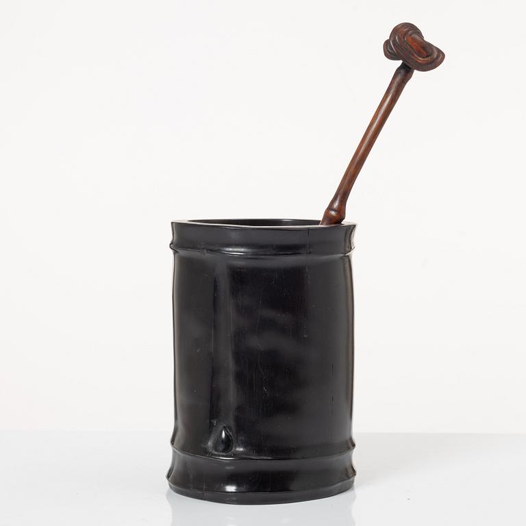 A hardwood bamboo shaped brushpot with a sceptre, China, 20th century.