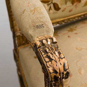 A PAIR OF FRENCH, LATE 19TH CENTURY ARMCHAIRS.