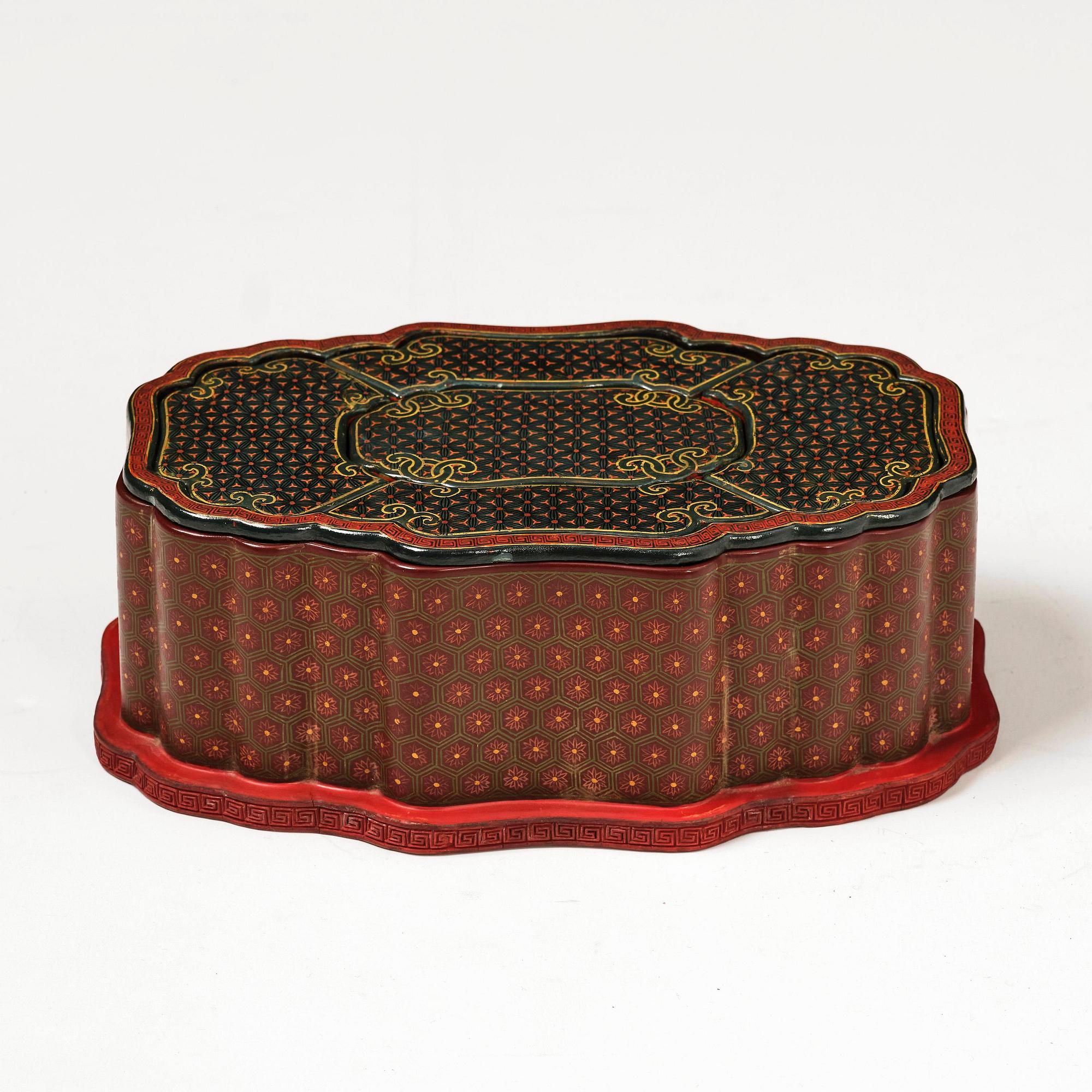 A fine carved lacquer box and cover with tianqi lacquer inset boxes and covers, Qing dynasty, Qianlong (1736-95).