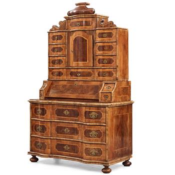 A South German late Baroque walnut and burr-walnut writing cabinet, first part of the 18th century.