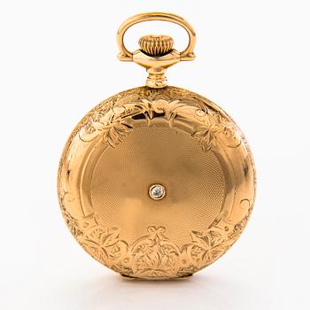 A 14K gold C.D. Peacock Keystone pocket watch with a diamond ca 0.11 ct, 47 mm.