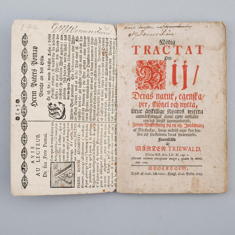 BOK: Mårten Triewald, Nödig tractat om bij, deras natur, egenskaper, skiötzel ..tryckt af Andr. Biörkman, 1728.