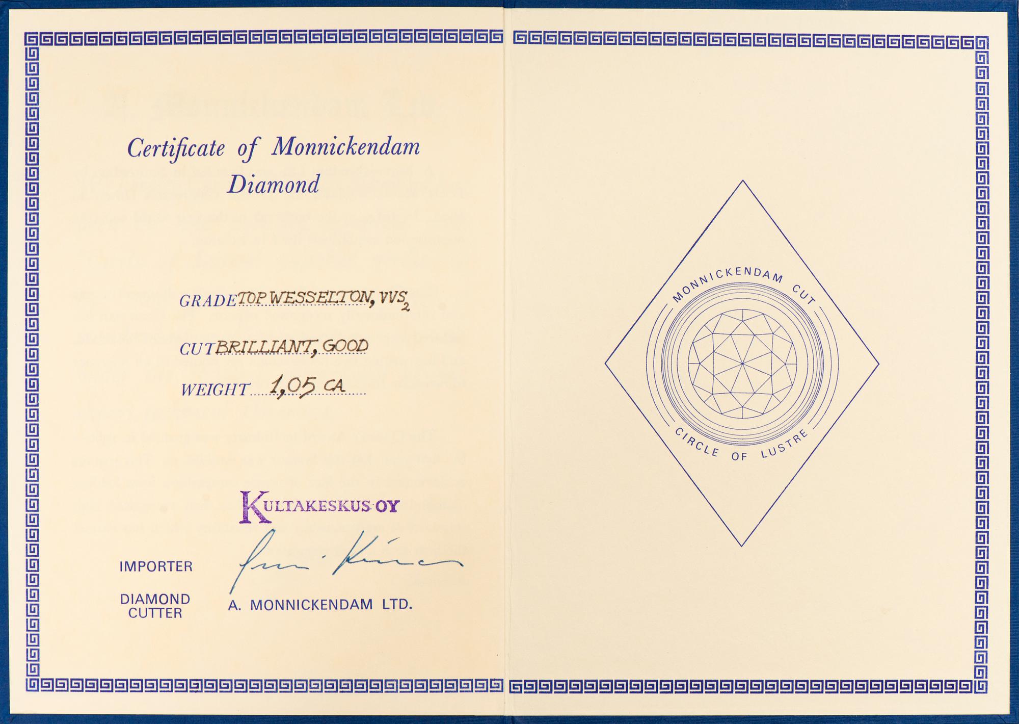 A DIAMOND, brilliant cut, TW (F-G) /VVS2 1,05 ct.