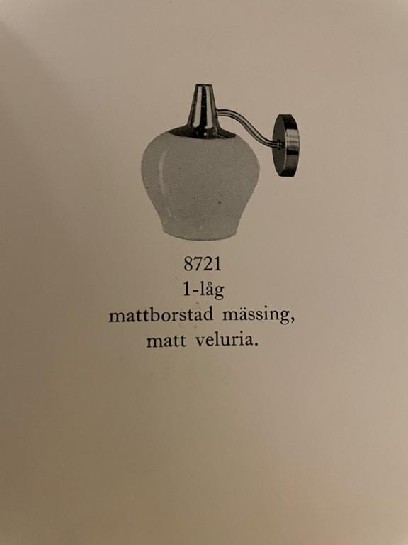 Harald Notini, vägglampor ett par, modell "8721", Arvid Böhlmarks Lampfabrik, 1950-tal.