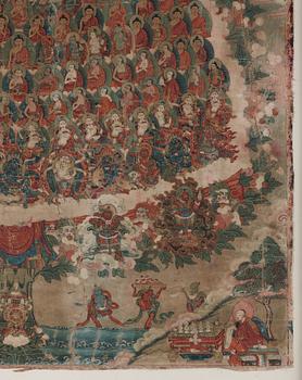 THANGKA, Tsong Khapa och Gelugpaordens tillflyktsträd, Tibet, troligen 1800-tal.