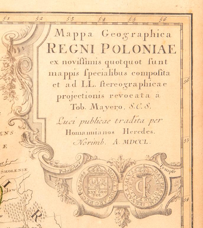 Homanns Erben, map Poland, handcolored copper engraving, Nürnberg 1750.
