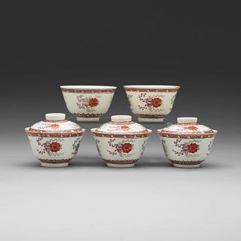 A set of five famille rose 'ba jixiang' bowls with three covers, Qing dynasty, 19th century, Daoguang and Tongzhi mark.