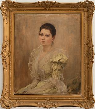 Peter Johann Theodor Janssen, Portrait - waist-length image of a young woman in a white dress.