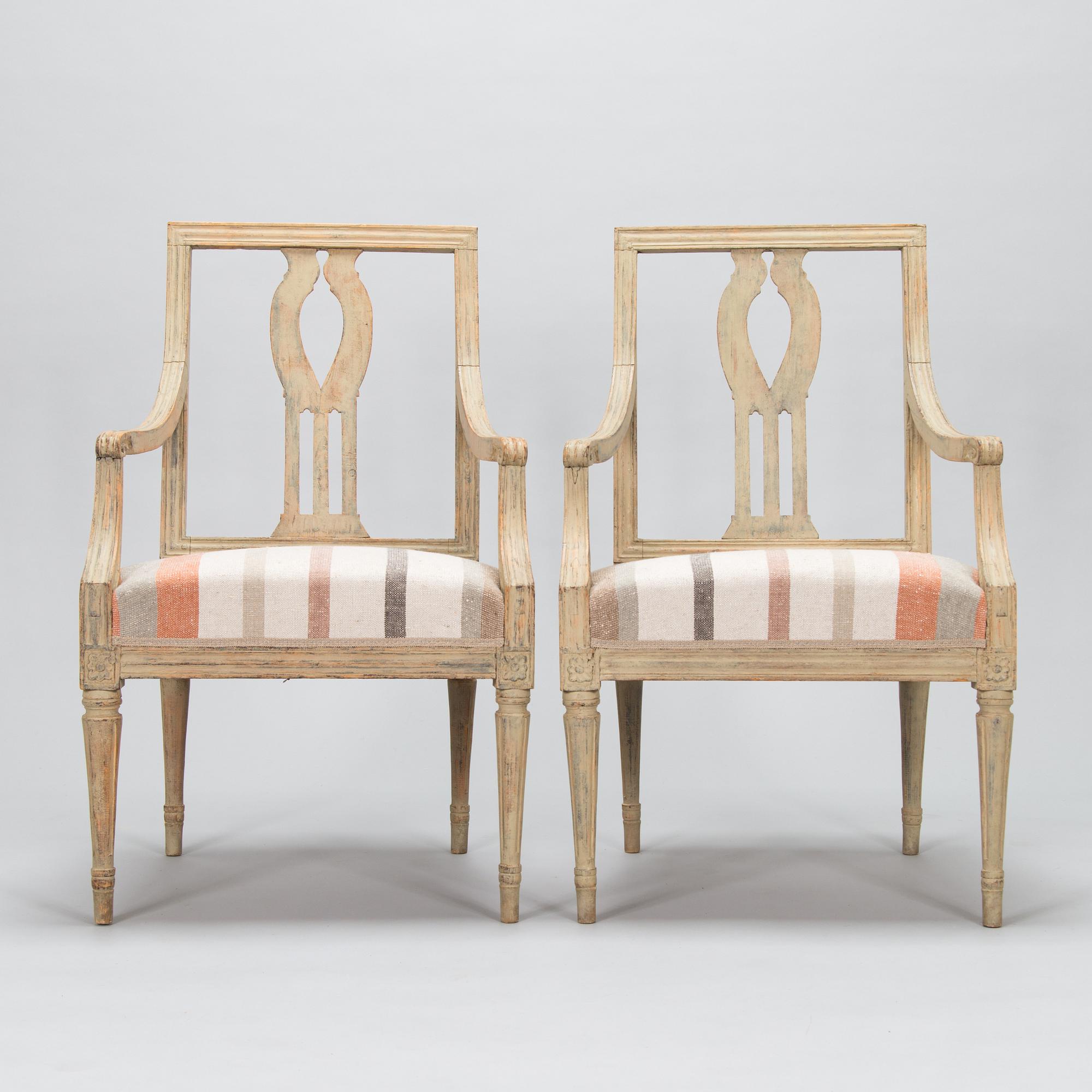 A pair of Swedish Gustavian armchairs, early 19th century.