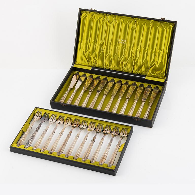 Fish cutlery in original case, 24 pieces, nickel silver/alpaca, AG Dufva, Stockholm, early 20th century.