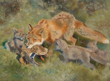 Bruno Liljefors, "Rävfamilj" (Fox family with prey).