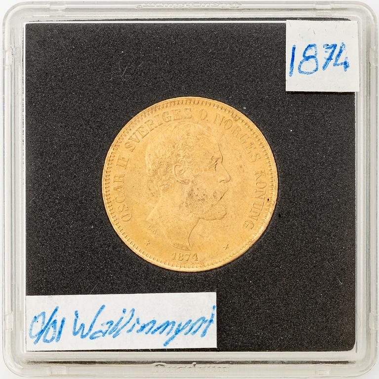 Gold coin, Oscar II, 20 kronor, type I, Sweden 1874.
