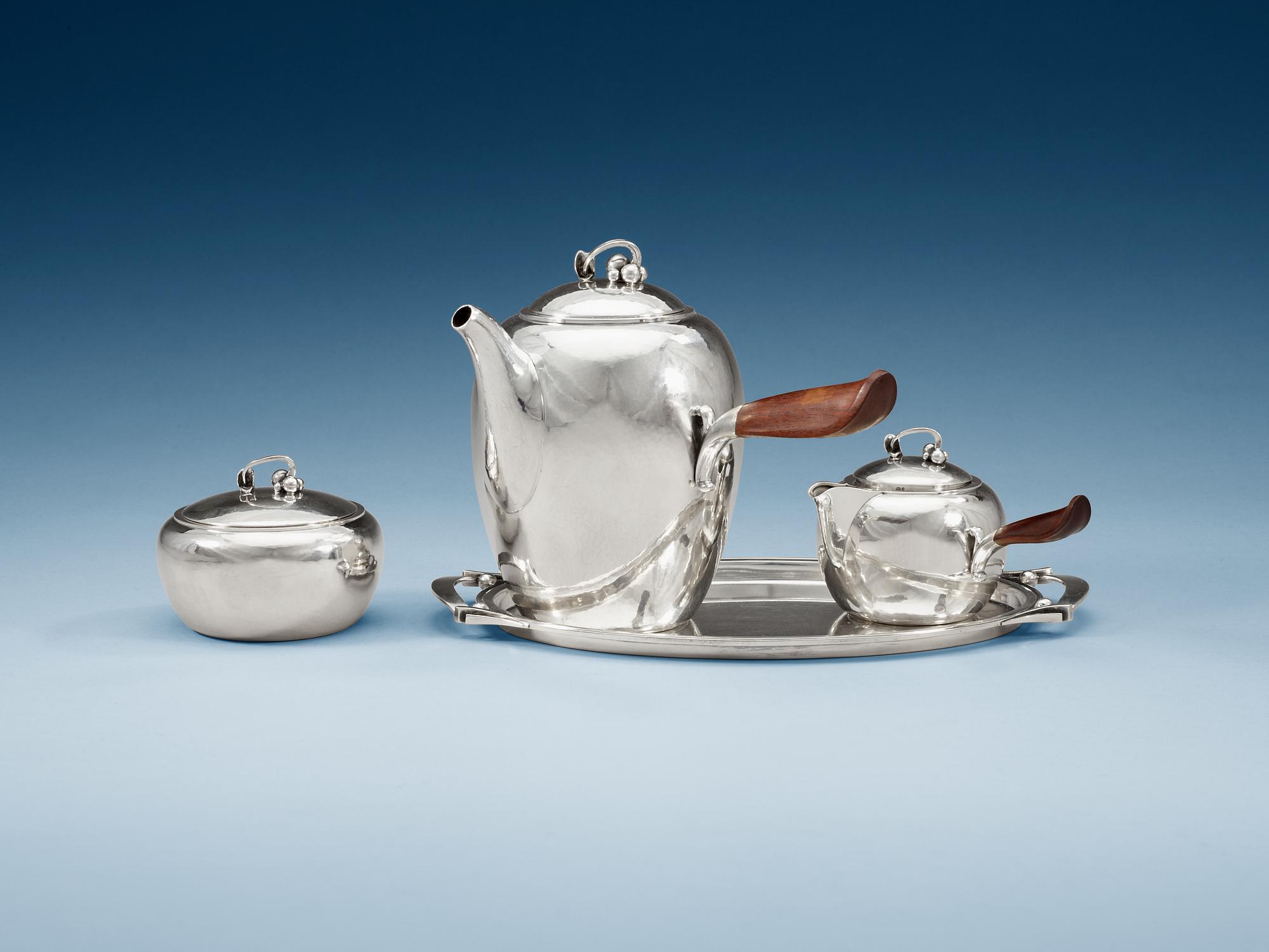 HARALD NIELSEN, kaffeservis samt bricka, Georg Jensen Köpenhamn 1933-44, sterling,