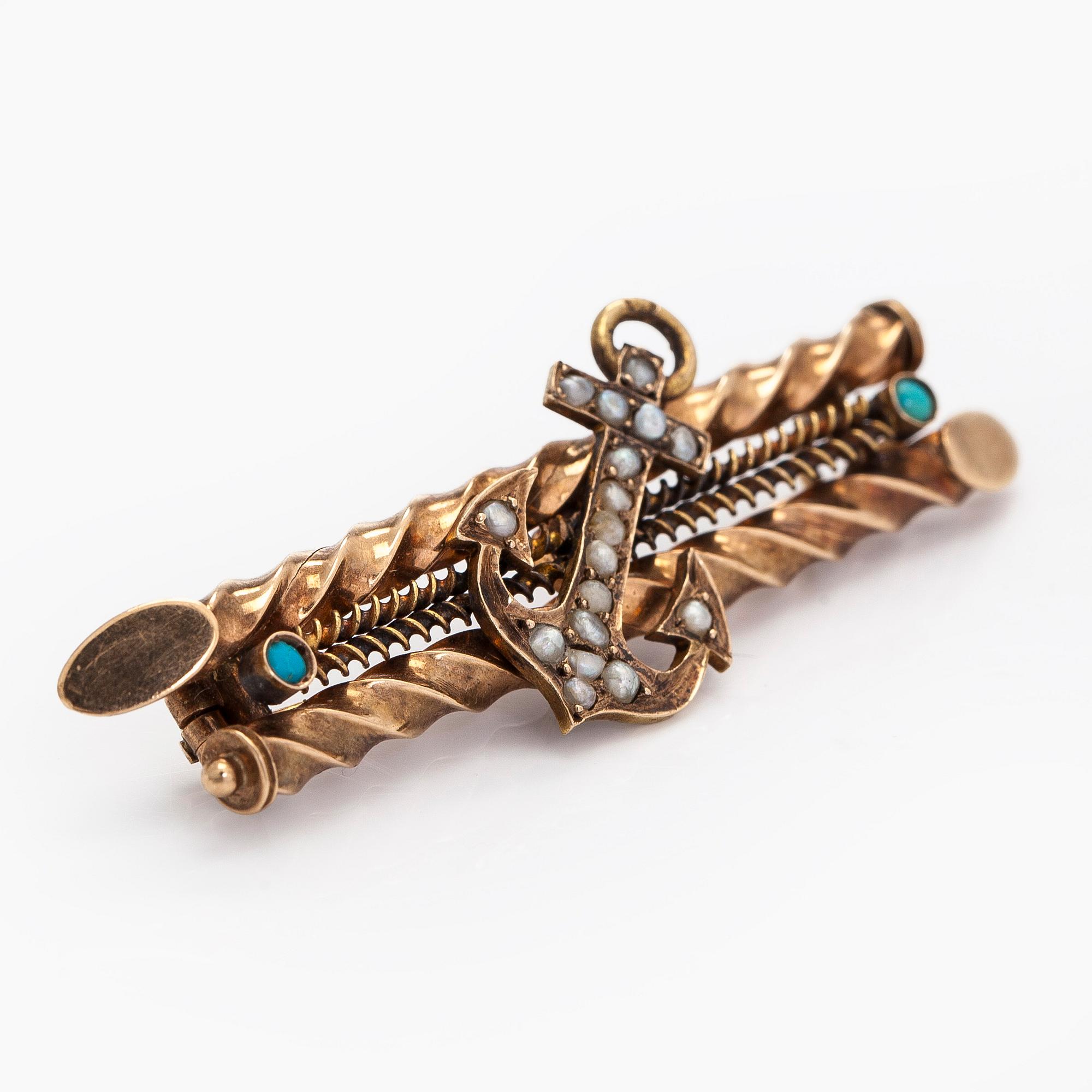 Brooch, pearls, cabochon-cut turquoises, 14K (56) gold, St. Petersburg 1908-1926.
