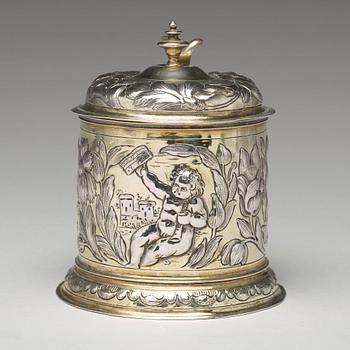 Hans Leonhard Huber, dryckeskanna, silver, Augsburg (1637-1671). Barock.