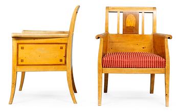 760. A pair of Ragnar Östberg birch armchairs with inlays, designed for Villa Mullberget, Sweden ca 1907.
