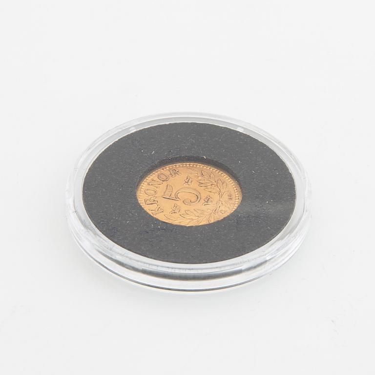 Guldmynt Sverige, Oscar II 5 kr, 1881.