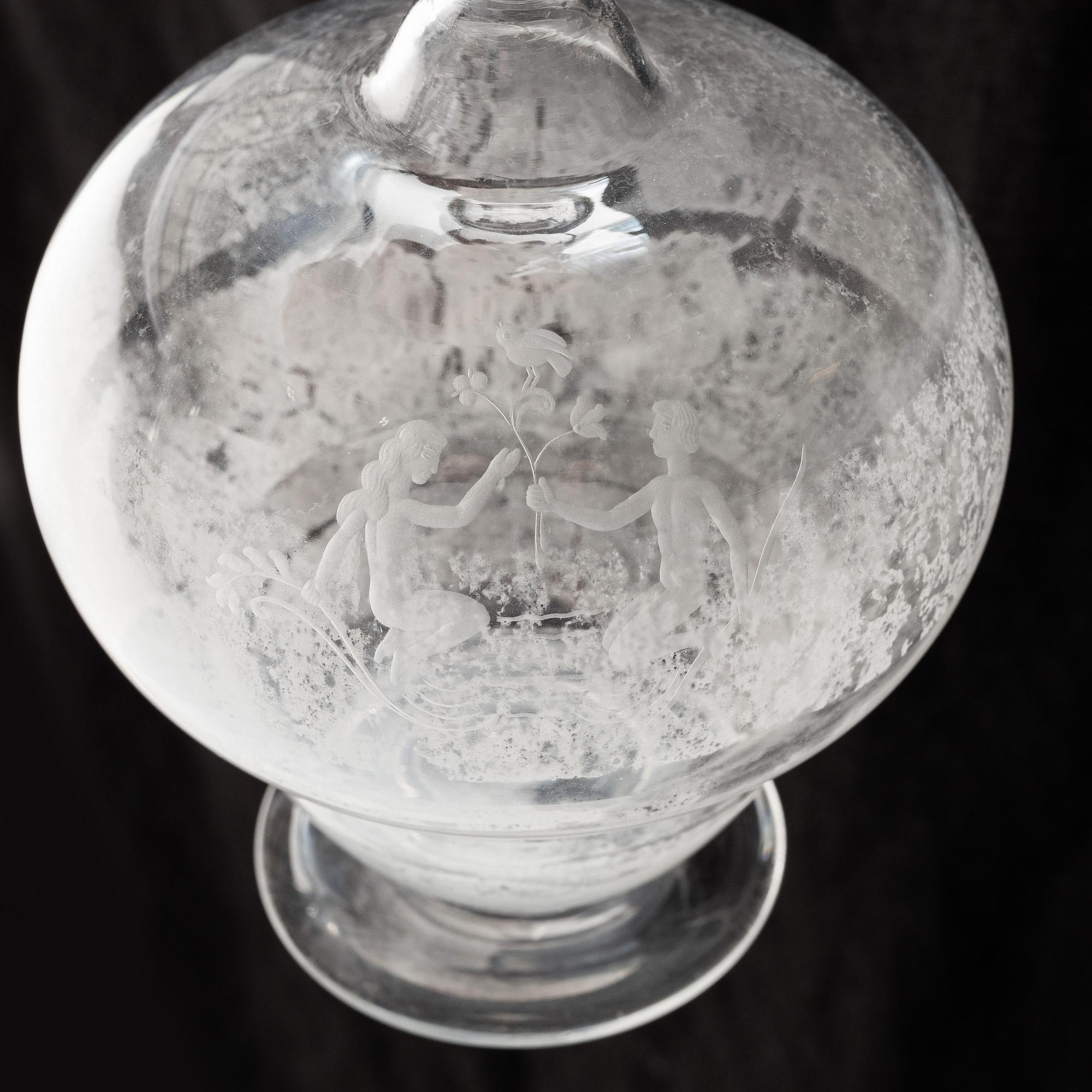 Carl Eldh, original drawings and an engraved glass decanter, Orrefors 1931.