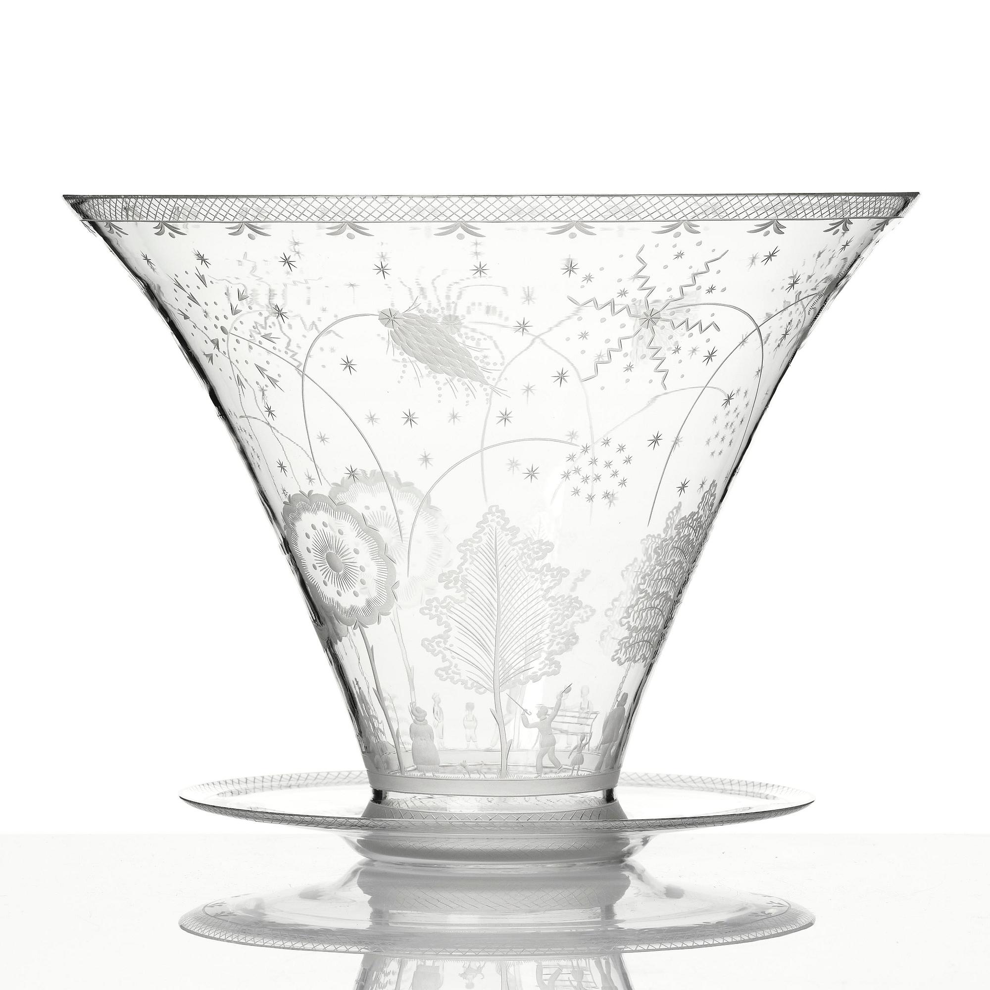 Edward Hald, a Swedish Grace "Fyrverkeri" (Fireworks) engraved glass bowl with a plate, Orrefors, Sweden, 1925, model 248.