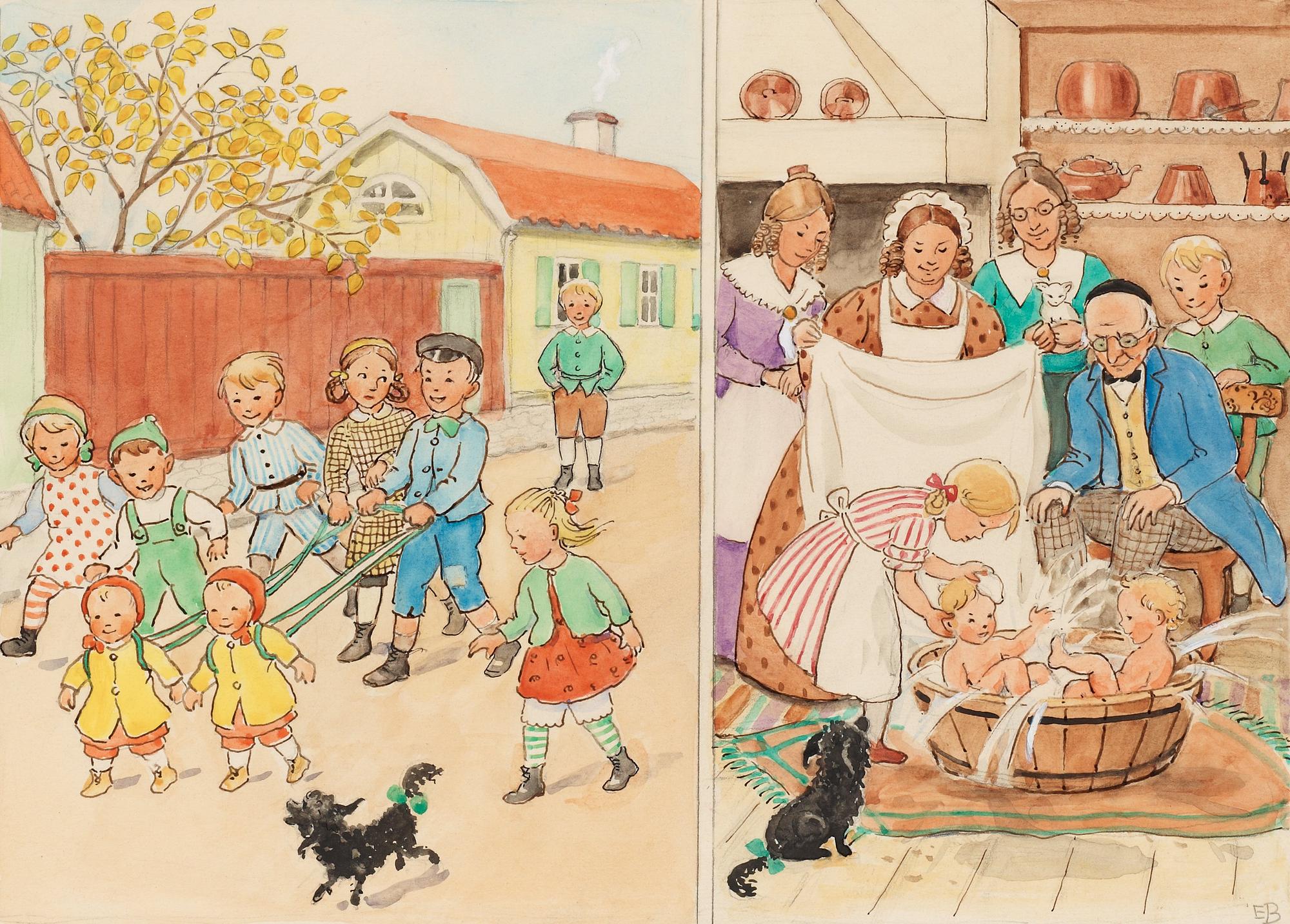 Elsa Beskow, Petter och Lotta badar barnen i en balja i köket.