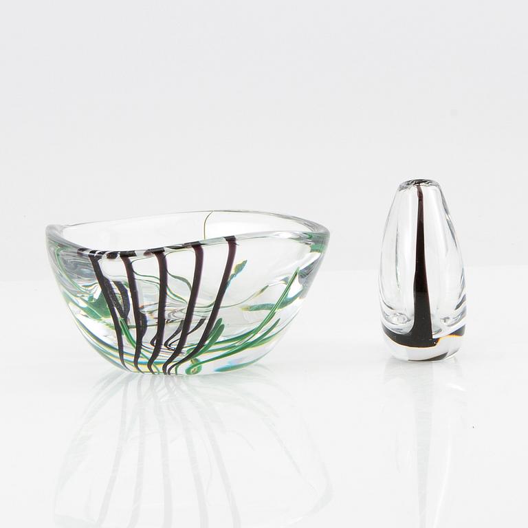 Vicke Lindstrand, vases 3 pcs and bowl "Seaweed" Kosta.