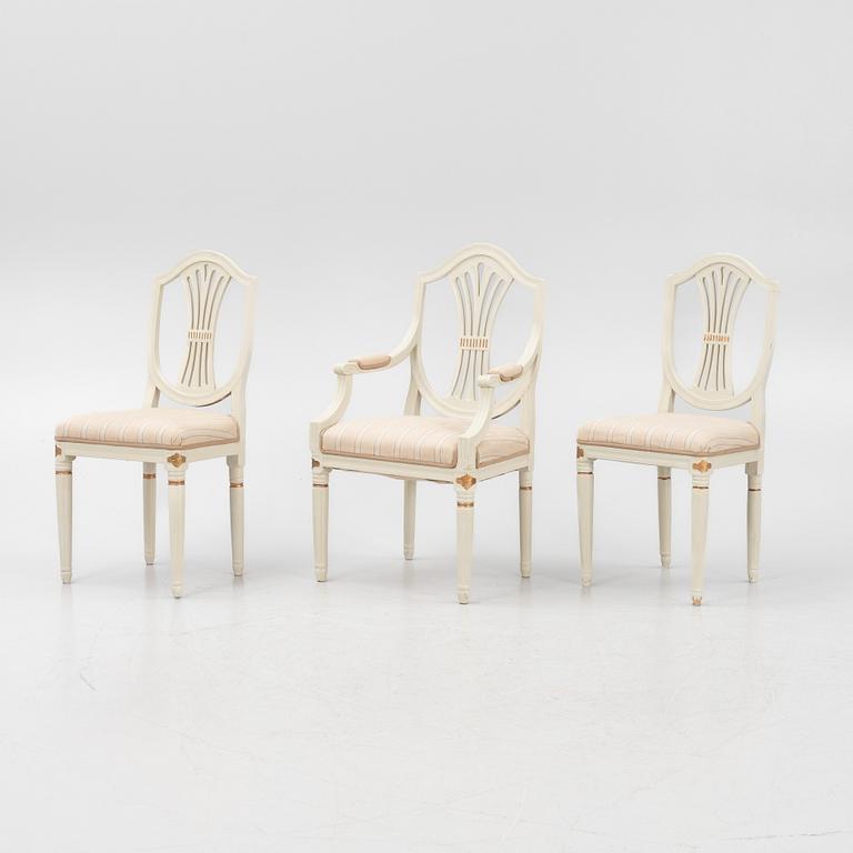 A pair of Gustavian chair and an armchair, Sweden, 19th century.