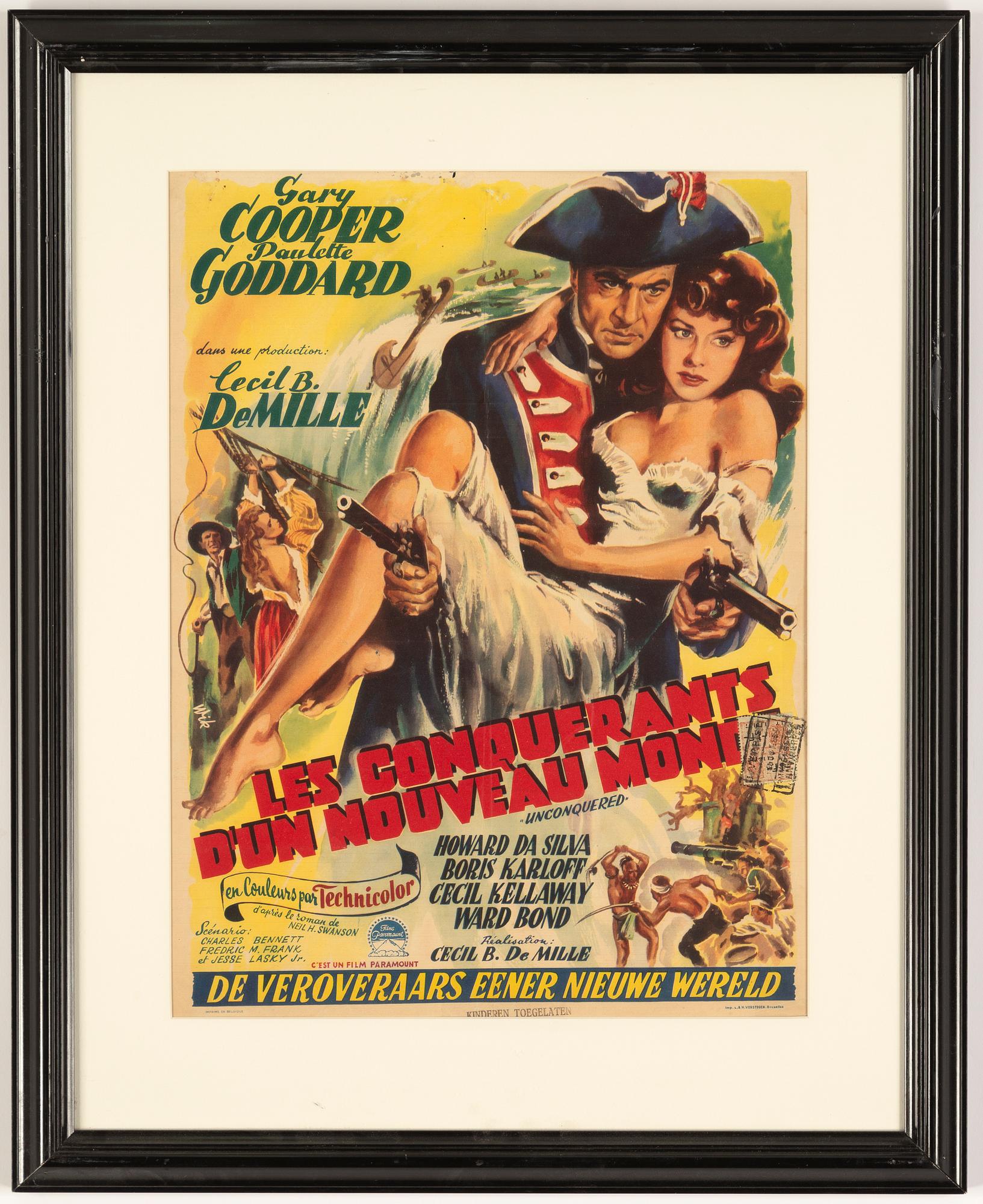 A vintage movie poster, Gary Cooper, 'Les Conquerants d'un Nouveau Monde', Belgium, 1940's/50's.