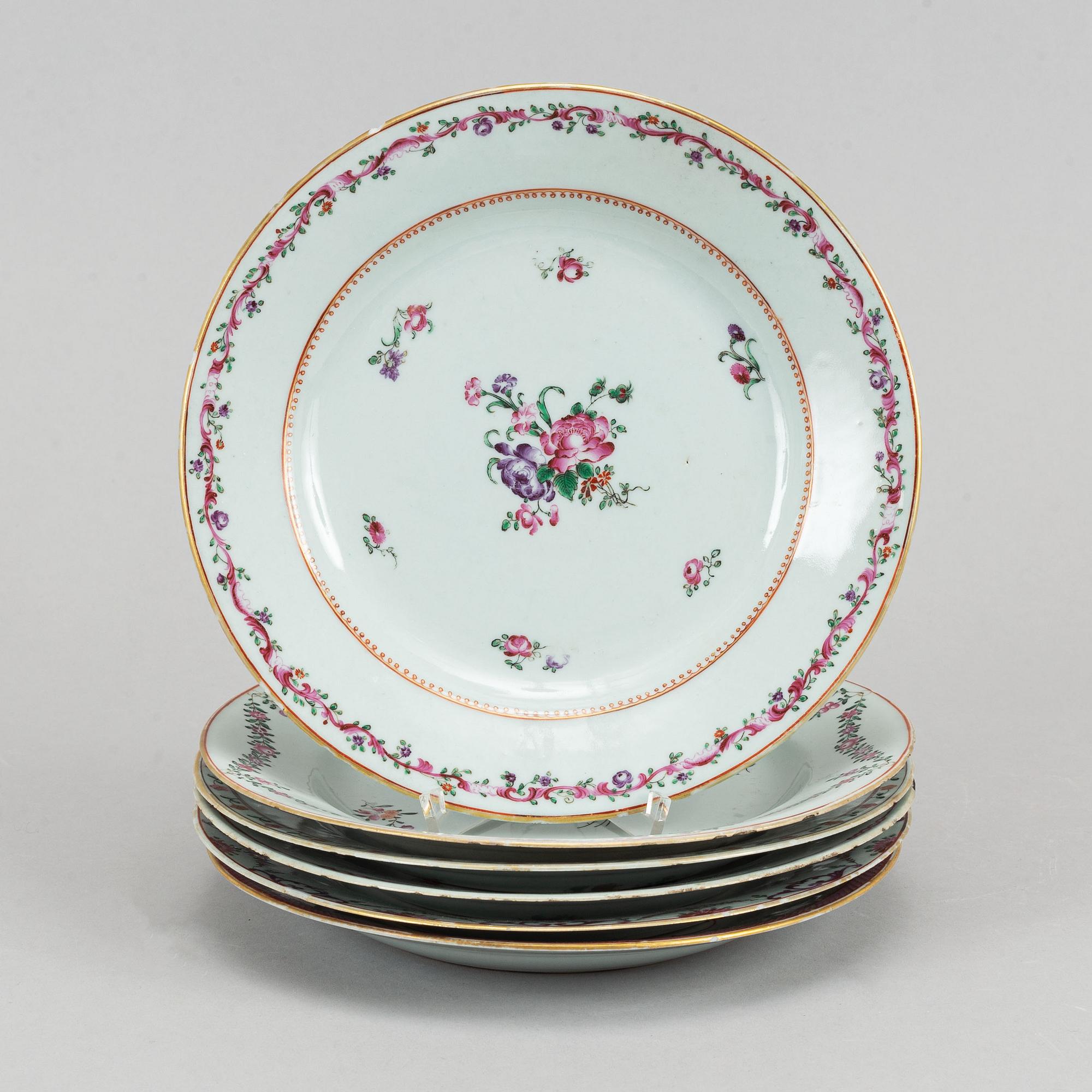 Six famille rose export porcelain plates, Qing dynasty, Qianlong (1736-95).