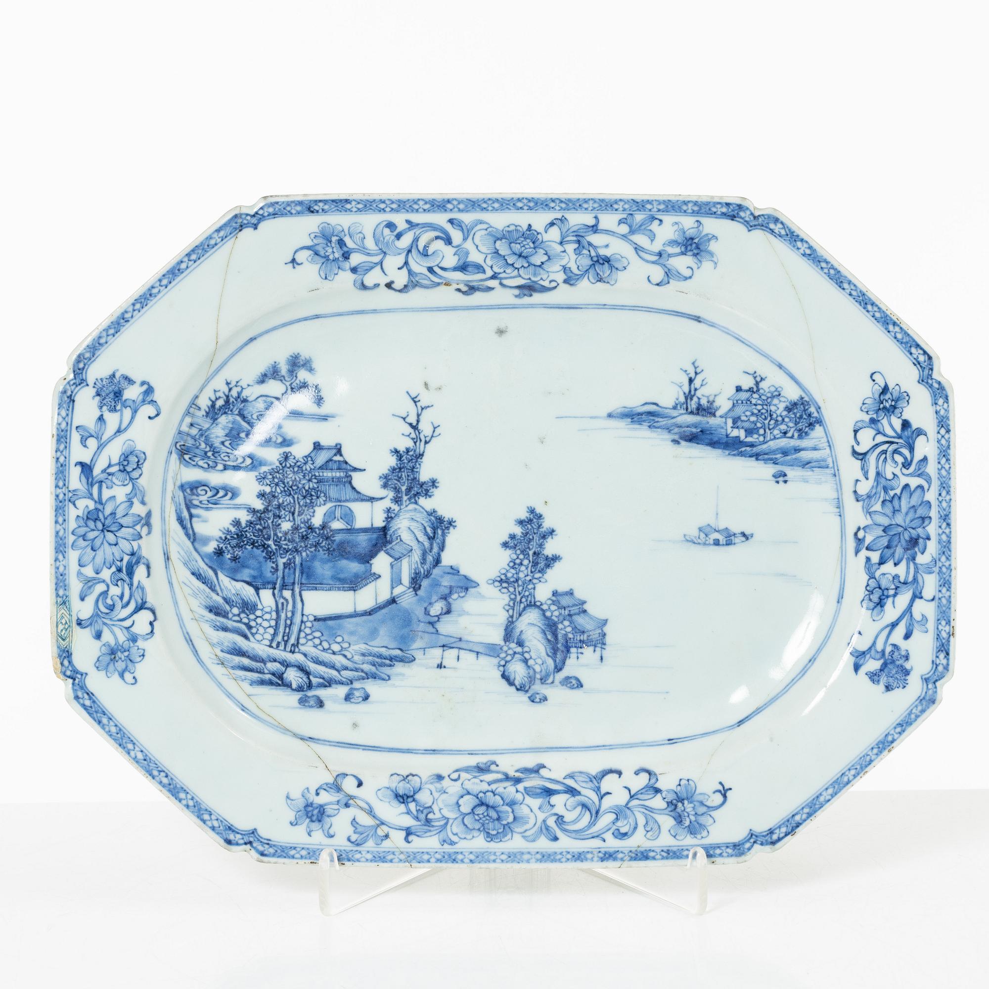 A group of three Chinese blue and white porcelain serving dishes and five dessert plates, Qing dynasty, Qianlong(1736-95.